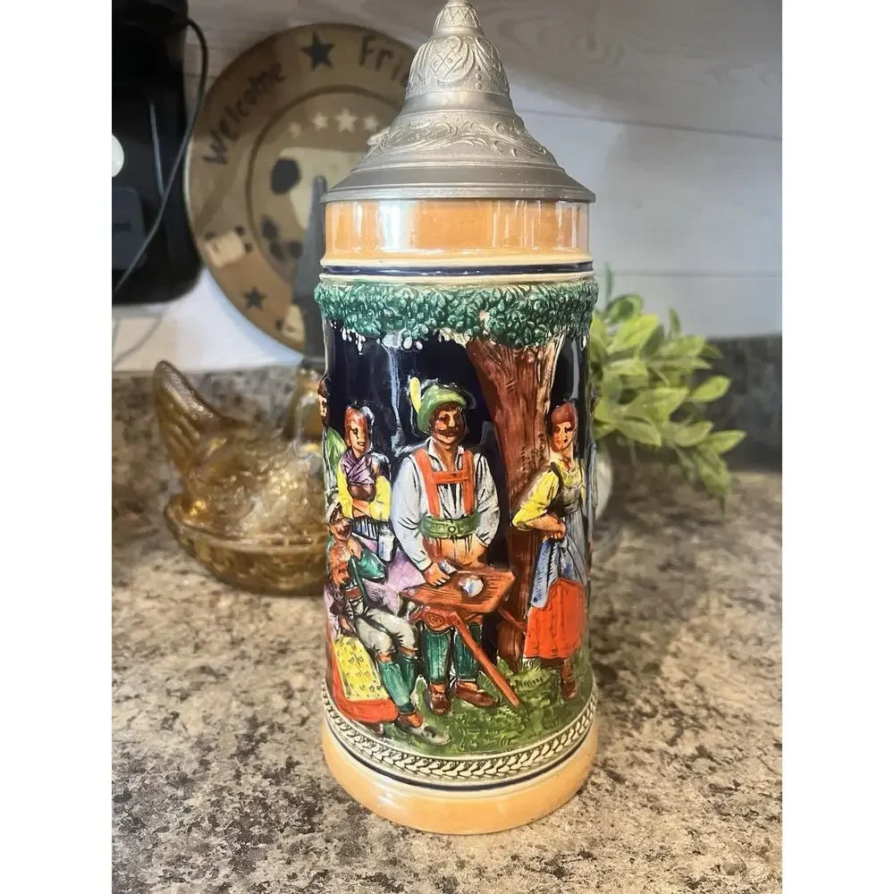 Gerz Dance of the Mountain Tanz Auf Der Alm Lidded Beer Stein 10.5” Hand Painted